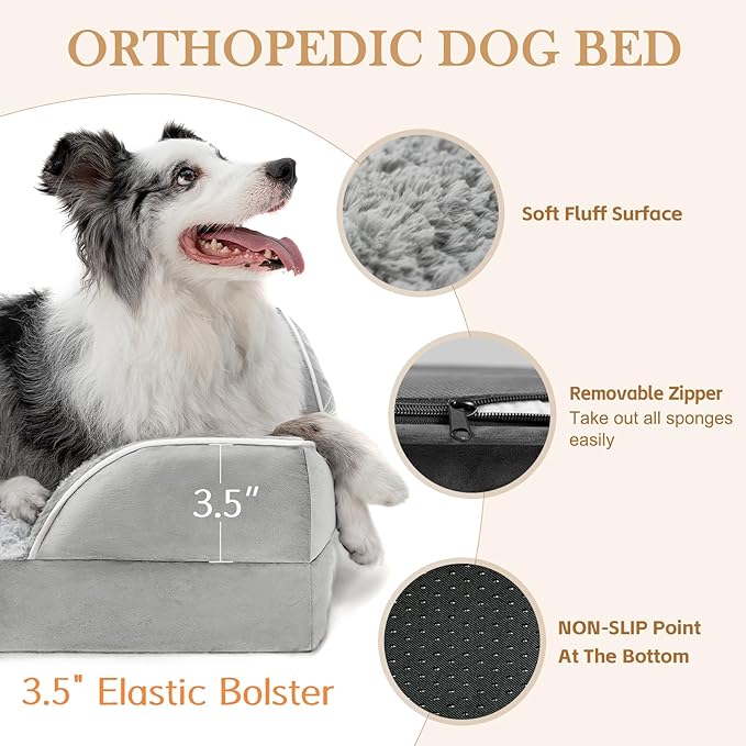 Comfort Expression Orthopedic Dog Bed for Medium Dogs 28x19 Inch, Waterproof Egg Crate Foam Medium Pet Bed with Removable Bolsters, Dog Couch with Washable Cover & Non-Slip Bottom, Grey White