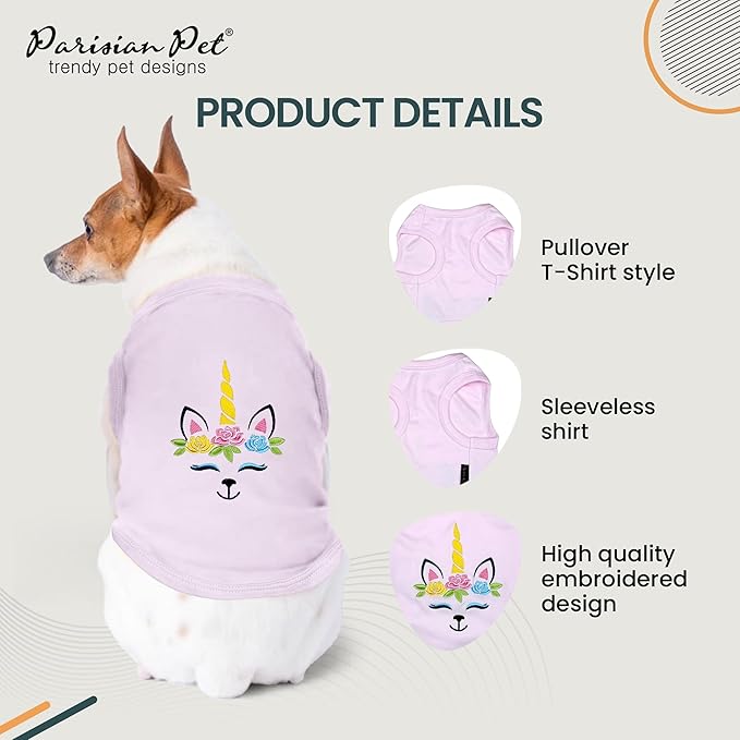 Parisian Pet Dog Tshirt - Embroidered Unicorn Tank Top - 100% Cotton, Lightweight Puppy Clothes Female - Sleeveless Pet Vest - PinkTee Shirts for Small Dogs Girl - XXS