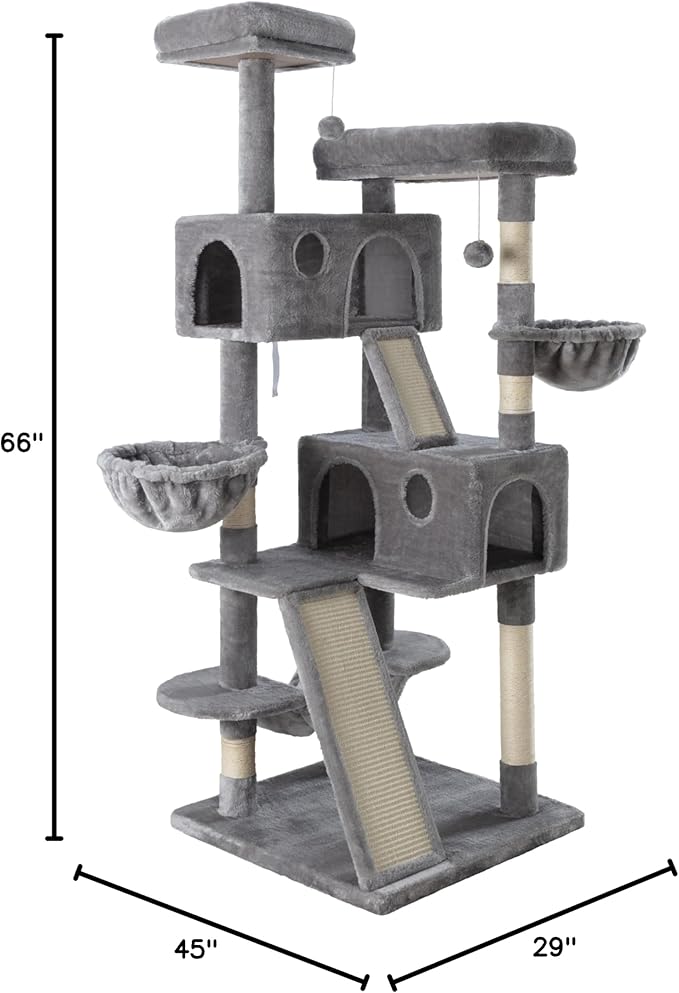 MUTICOR 66 Inches Multi-Level Large Cat Tree Tower for Indoor Big Feline/Cozy Plush Perches/Condo/Sisal Scratching Posts/Hammock and Baskets/Activity Center Play House/Wide Base/Grey