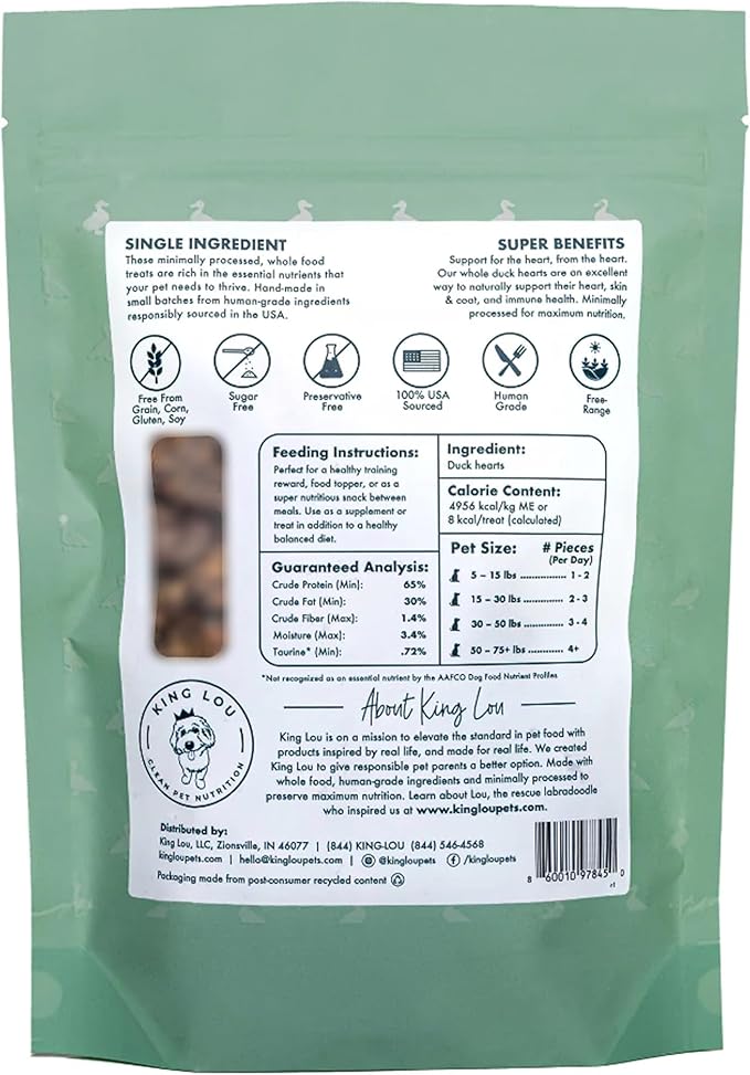 King Lou Pets - Whole Duck Hearts for Dogs and Cats - USA-Made Freeze Dried Duck Hearts - Taurine, Zinc, and Iron - 1lb Prior to Freeze Drying