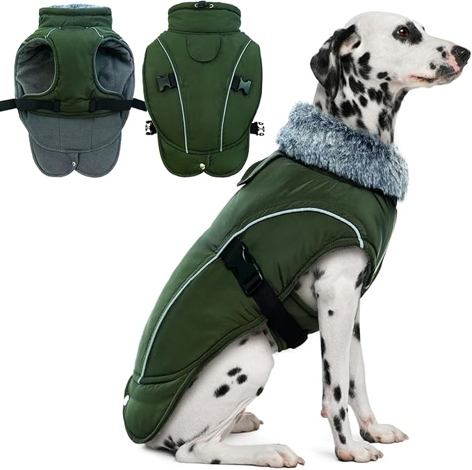DENTRUN Winter Warm Dog Coat Reflective Jacket with Turtleneck for Cold Weather, Adjustable Buckle Windproof Water Repellent, Thick Snowsuit Fleece Vest for Small, Medium, Large Dogs, Green, XL