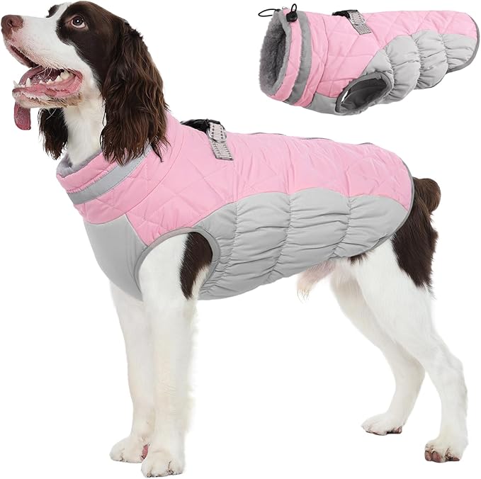 FUAMEY Dog Coat for Large Dogs,Waterproof Dog Winter Jacket with Harness Built in Puppy Cold Weather Coats Reflective Pet Vest with Zipper Warm Fleece Dogs Snowsuit Windproof Pink L