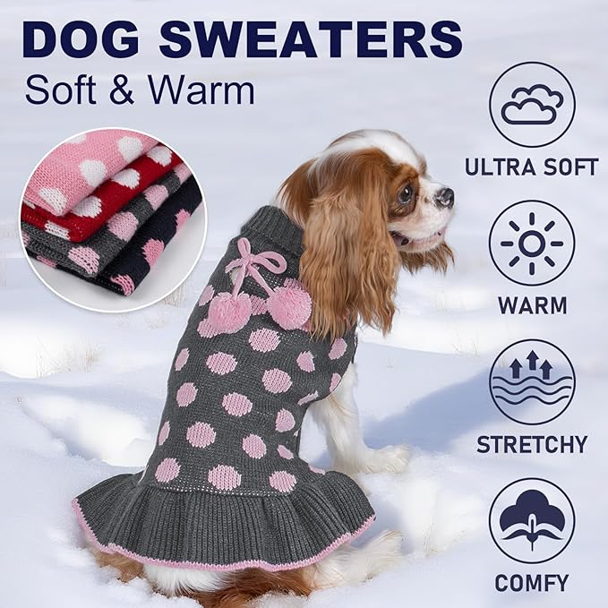 KYEESE Dog Sweater Dress Turtleneck Dog Sweaters for Girl Medium Dogs Polka Dot Knit Pullover Warm Pet Clothes for Fall Winter