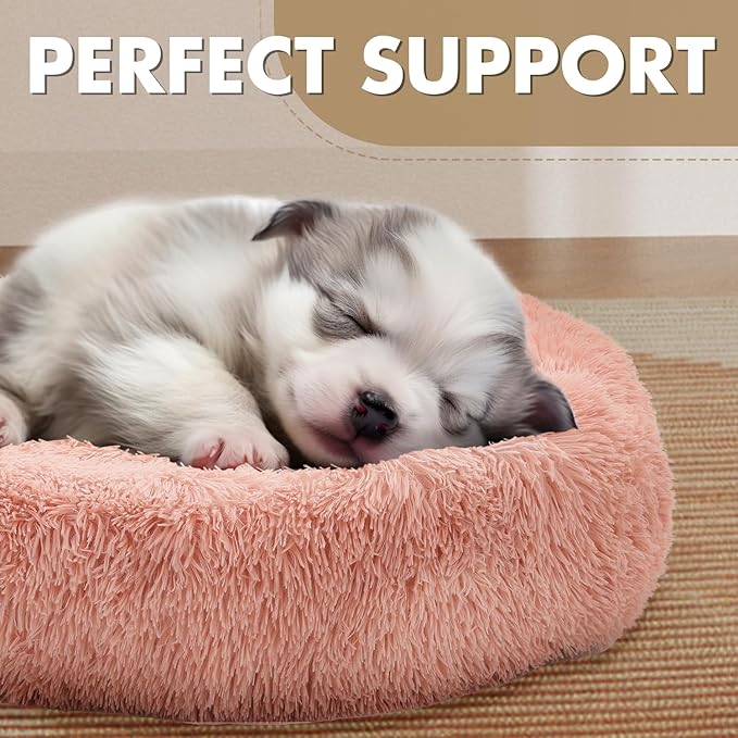 Athena Collection Washable Dog Bed Medium Size Dog, Cat Bed for Indoor Cats, 31 Inches Fluffy Faux Fur Round Pet Bed Calming Cozy Soft Warming Donut for Medium Puppy Kitten, Pink