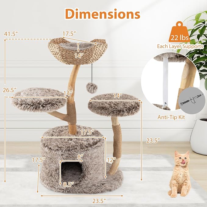 Tangkula Solid Wood Cat Tree, Multi-Level Cat Tower with Well-Woven Cattail Basket, Luxury Condo, Scratching Posts, Dangling Ball, Soft Long Plush Fabric, Modern Boho Cat Tree for Indoor Kittens