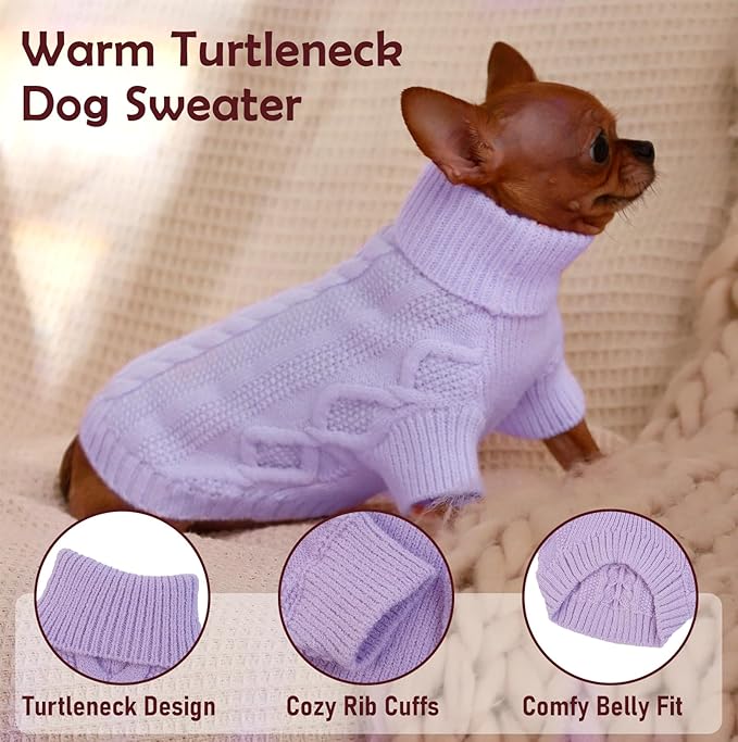 Purple Small Dog Sweater - Warm Winter Clothes for Puppies, Cute Thanksgiving & Christmas Sweater with Leash Hole for Boy & Girl Toy Poodle, Yorkie
