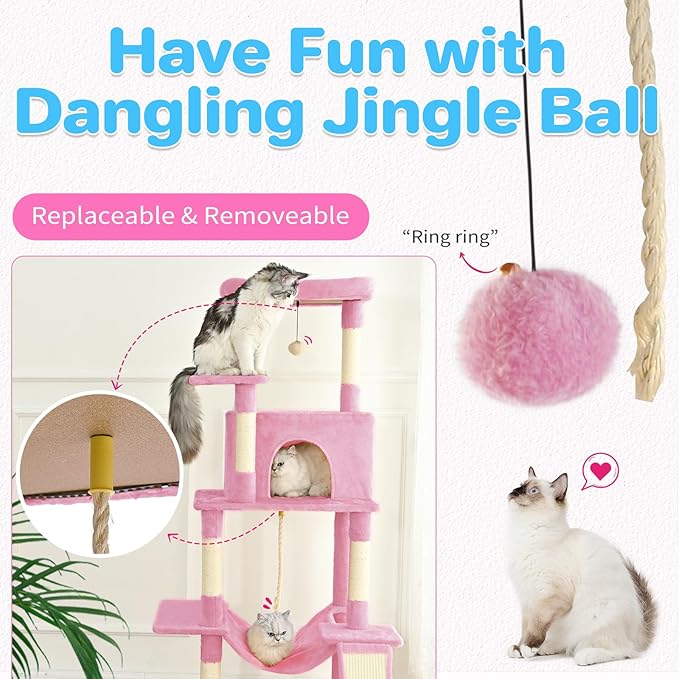 ABCPET Cat Tree Tower 63in Multi-Level Cat Tower for Indoor Cats with Sisal Scratching Posts, Condo, Hammock, Dangling Ball and Extended Platform for Cats to Play, Pink