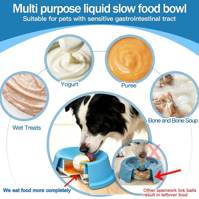 Dog Lick Bowl with Rolling Ball, Slow Feeder Lick and Roll Bowl for Dogs Liquid Treat,Dog Licking Bowl for Yogurt & Broth, 350ml Large Capacity Non-Slip Base,Daily Meal & Post,Patent Pending(Blue)