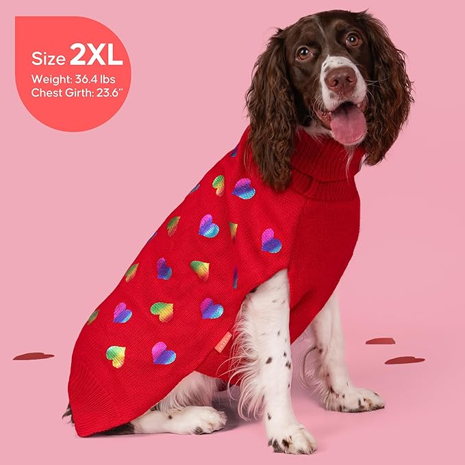 KYEESE Valentines Dog Sweater, Soft Turtleneck Large Dog Sweater with Heart Sequined Printing, Warm Pullover Dogs Sweaters for Large Dogs, Stretchy Pet Clothes Coat with Leash Hole, 3XL