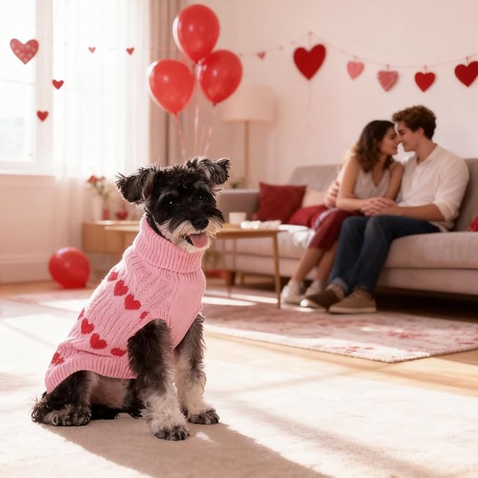 KOOLTAIL Valentine's Day Dog Sweater Turtleneck, Cold Weather Pullover Classic Knitwear, Heart Pattern Thick Warm Winter Pet Clothes, Cable Knit Sweater for Small Medium Large Dogs Girl Boy, Pink SM