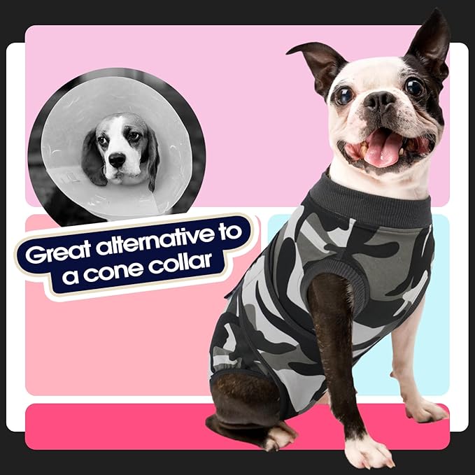 FUAMEY Dog Recovery Suit Male,Dogs Surgery Neuter Suits Puppy Spay Shirts for Female Protect Dog's Skin Anti Licking Abdominal Wounds Doggie Onesie Pet Bodysuit Alternative to Cone Grey Camouflage M