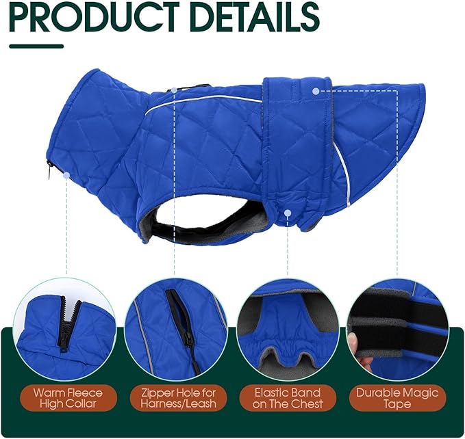 Kuoser Extra Warm Dog Coat, Windproof Cold Weather Dog Jackets for Large Dogs, Thick Fleece Lining Pet Turtleneck Snowsuit Reflective Adjustable Puppy Winter Coat Doggie Snow Jacket Blue, XL