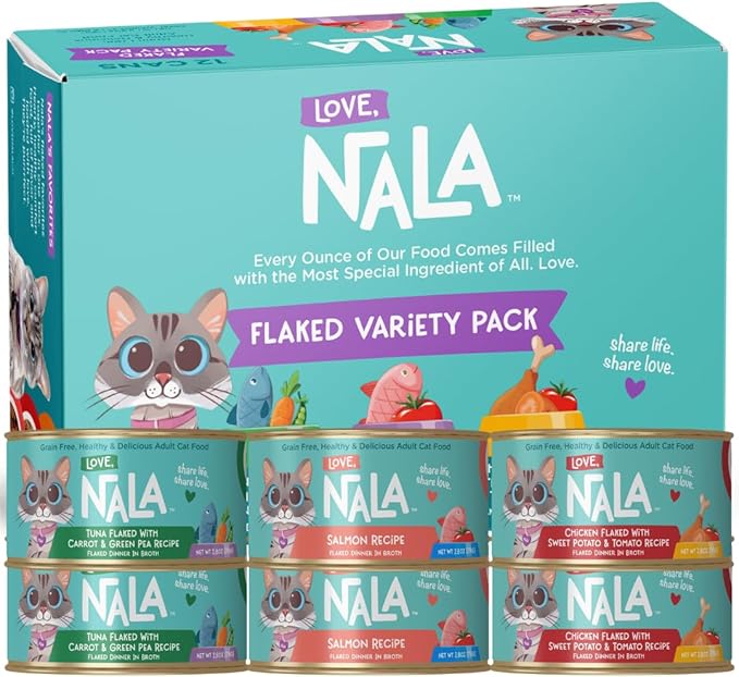 LOVE, NALA - Natural Adult Cat Wet Food - FLAKED Variety Pack - Salmon, Tuna, Chicken - Grain Free, Non-GMO, Lean Protein, Omega 3, Digestive Fiber Blend, Added Minerals & Vitamins - 12 Pack