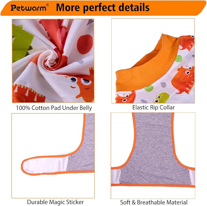 PetWarm Dog Neuter Recovery Suit Male, Onesie for Dogs After Surgery, Professional Dog Recovery Shirt Abdominal Wounds Bandages Substitute E-Collar and Cone, Dinosaur Pattern, Yellow, 2XL