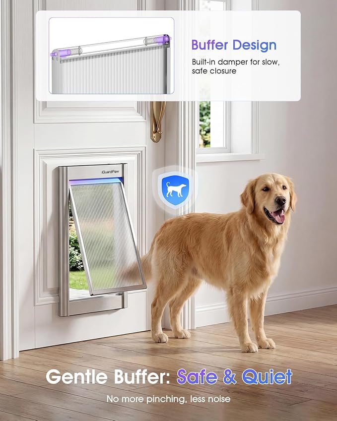 Automatic Dog Door, Aluminum Electronic Pet Door with Collar Sensor, Energy-Efficient Insulated for Interior/Exterior Doors, Featuring Secure Lock & Anti-Pinch Design-(Silver-Large)