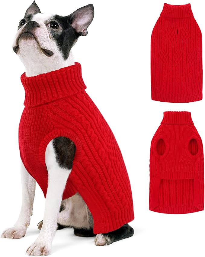 AOFITEE Christmas Dog Sweaters for Large Dogs, Stretchy Turtleneck Dogs Sweater, Warm Dog Knitwear for Fall Winter, Red Pet Sweater with Harness Hole for Boston Terrier, French Bulldog, Red L