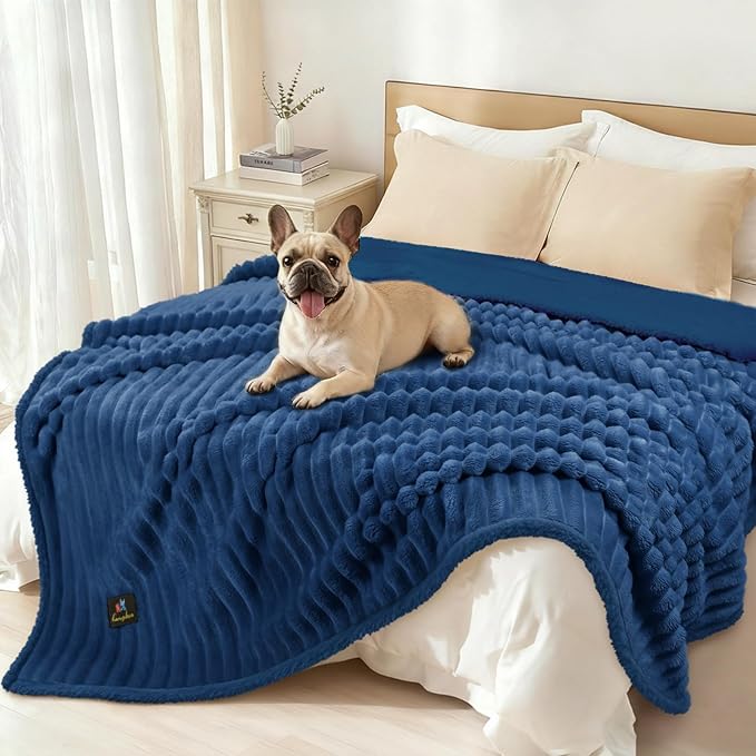 Luciphia Waterproof Dog Blanket for Large Dogs Ultra-Soft Calming Cut Pile Flannel Throw Durable & Warm Furniture Protection for Couch Bed Pet Blanket Machine Washable Deep Navy,L(65''x57'')