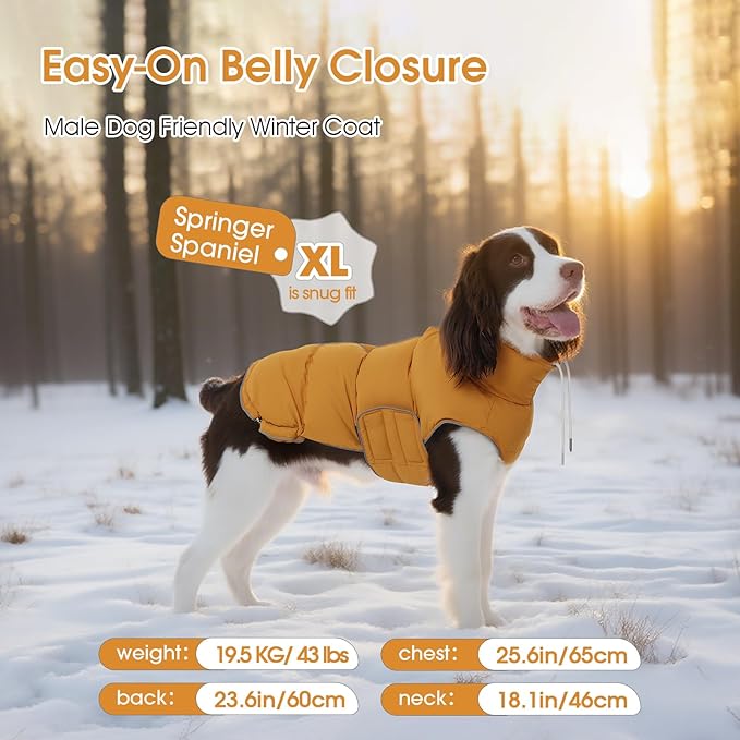 FUAMEY Dog Puffer Jacket for Large Dogs,Dog Cold Weather Coats Winter Dogs Down Jackets Waterproof Pet Snowsuits Warm Puppy Winter Vest Turtleneck Pets Adjustable Jackets Coats Mustard Yellow XXXL