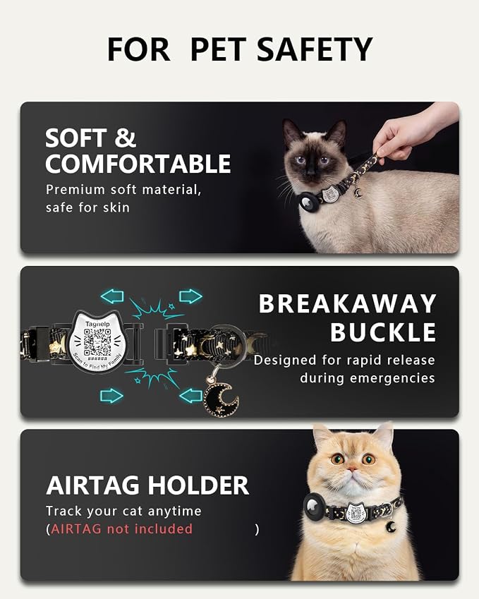 3 Pack Smart QR Code Cat Collars with Built-in AirTag Holder, Breakaway Adjustable Kitten Collars with Moon Pendant, Safety Pet ID Collars for Cats, 7.0–12.5”, Black Blue Pink