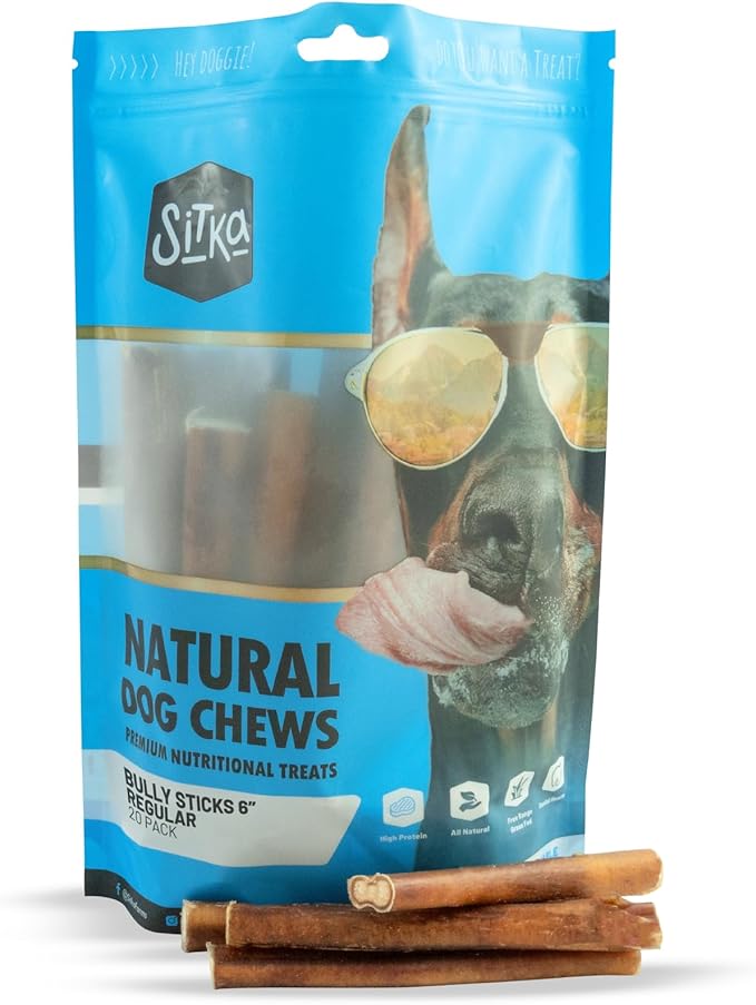 Sitka Farms Bully Sticks 6 inch - 20 Count - Bully Sticks All Natural Dog Treats from Free Range Grass-Fed Beef, Grain & Rawhide Free - Long Lasting Chew for Aggressive Chewers