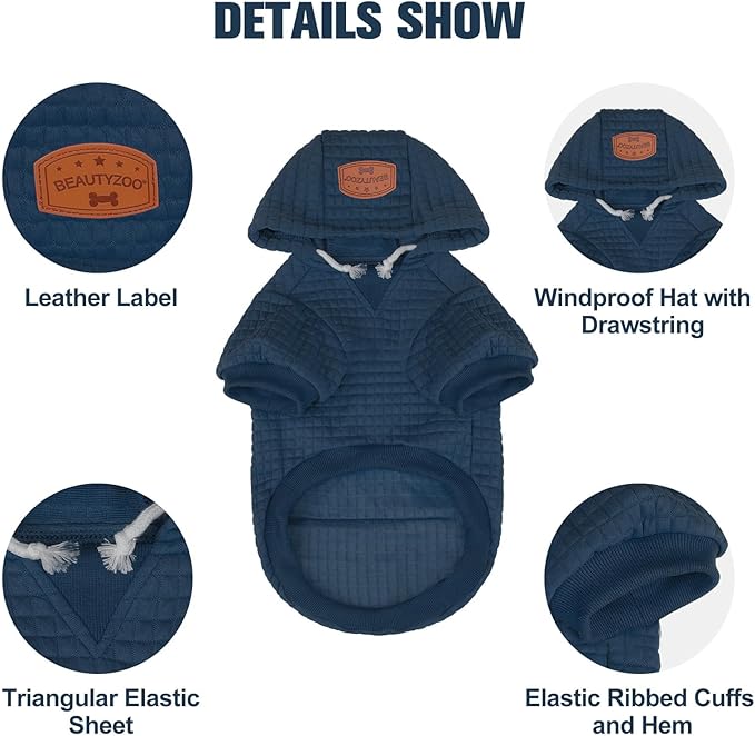 BEAUTYZOO Small Dog Hoodie Sweater with Pockets, Dog Clothes for Small Medium Dogs Boy Girl, Waffle-Like Laminated Cotton Pet Coats with Hat and Leash Hole, Navy Blue SM