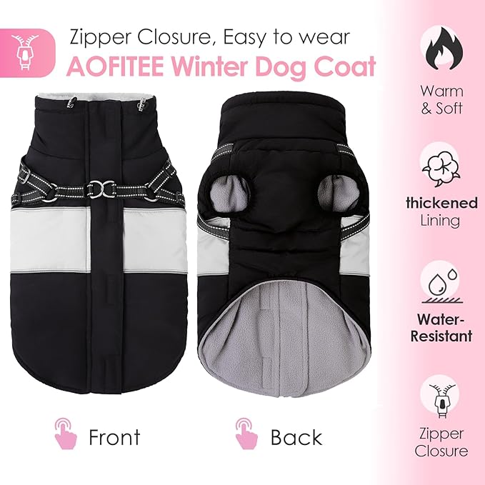 AOFITEE Dog Coat Warm Dog Winter Coat, Waterproof Dogs Jacket with Harness, Dogs Snow Jacket Snowsuit with Zipper & Furry Collar, Reflective Windproof Pet Sweater for Cold Weather, French Bulldog, L
