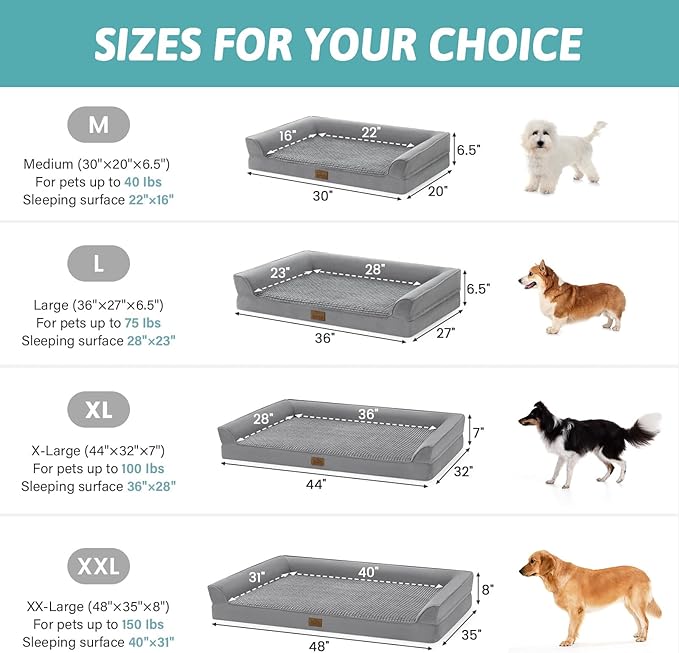 COZY KISS Orthopedic Dog Beds for Large Sized Dog, XL Bolster Pet Couch with Waterproof Lining, Egg Crate Foam Sofa for Pets Up to 100 lbs, U-Shaped, 44x32x7 inch, Grey
