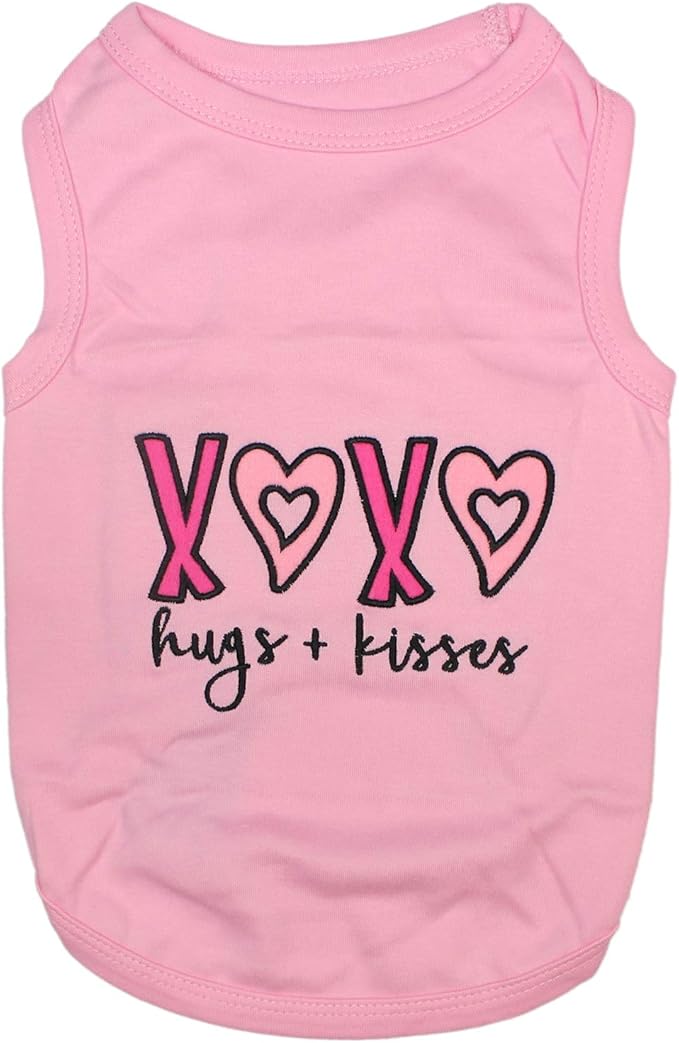 Parisian Pet Dog Tshirt - Embroidered “ XOXO “ 100% Cotton, Tank Top - Lightweight Puppy Clothes Female - Pink Dog Tee Shirts for Small Dogs Girl - XS