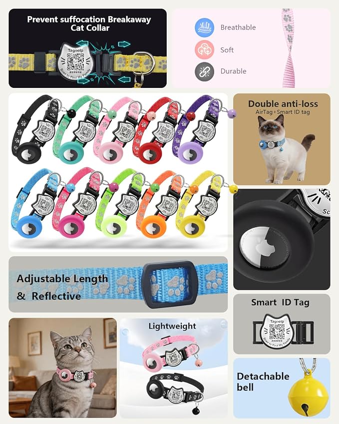 Cat Collar with AirTag Holder, QR Code Tag and Bell (Yellow, Paw Pattern)