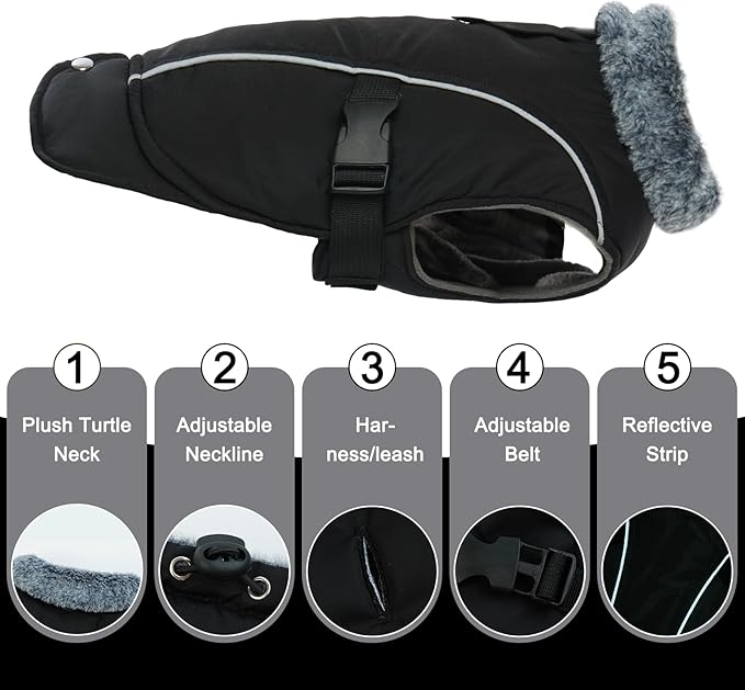 DENTRUN Winter Warm Dog Coat Reflective Jacket with Turtleneck for Cold Weather, Adjustable Buckle Windproof Water Repellent, Thick Snowsuit Fleece Vest for Small, Medium, Large Dogs, Black, XXXL