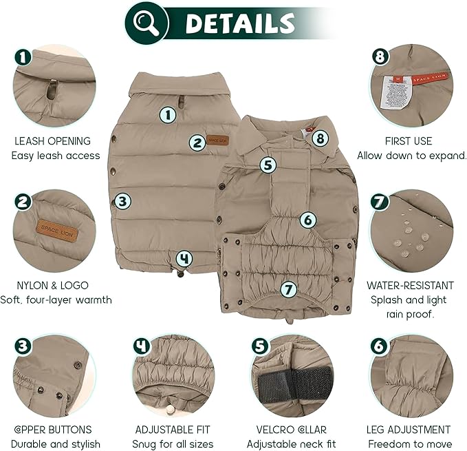SPACE LION Dog Puffer Jacket, Down Winter Coat, Durable Outdoor Coat for Cold and Windy Conditions, Lightweight & Adjustable Fit Coats for Large Dogs, (Camel, Size28/4XL)