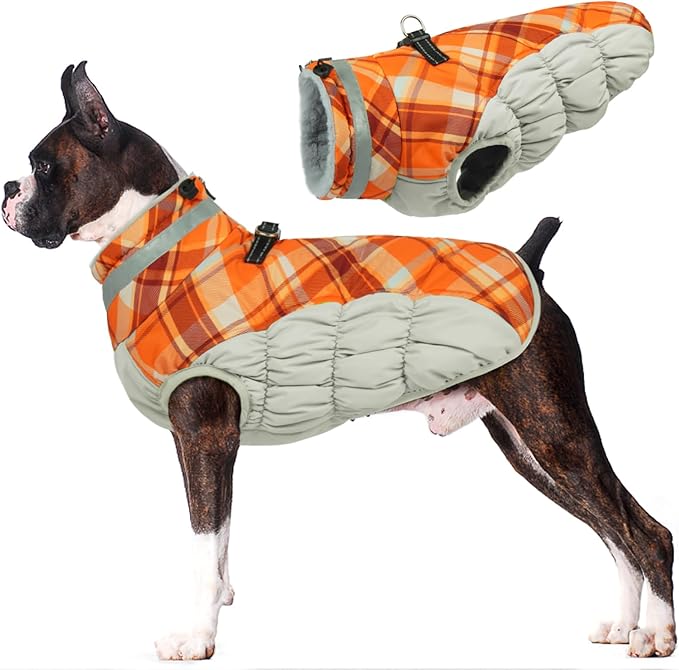 Lelepet Warm Dog Winter Coat Dog Coats for Large Dogs Waterproof Dogs Jacket with Harness Built in Reflective Cold Weather Coats Zip-Up Winter Fleece Vest Snowsuit Boston Terrier Orange Plaid L