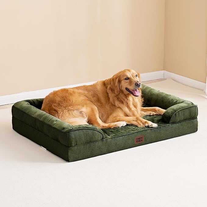 EHEYCIGA Orthopedic Dog Bed for Medium Dogs, Waterproof Memory Foam Medium Dog Beds with Sides, Non-Slip Bottom and Egg-Crate Foam Pet Couch Bed with Washable Removable Cover, Dark Green