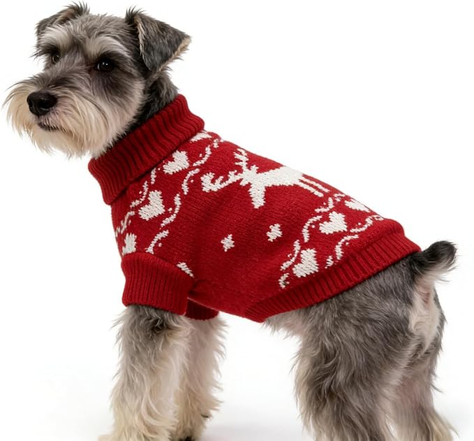 Small Dog Cold Weather Sweaters – Warm Knit Turtlenecks, Cozy Pet Pullovers Dog Clothes with Leash Hole for Chihuahua Bulldog Pug Beagles (White/Red, Large)