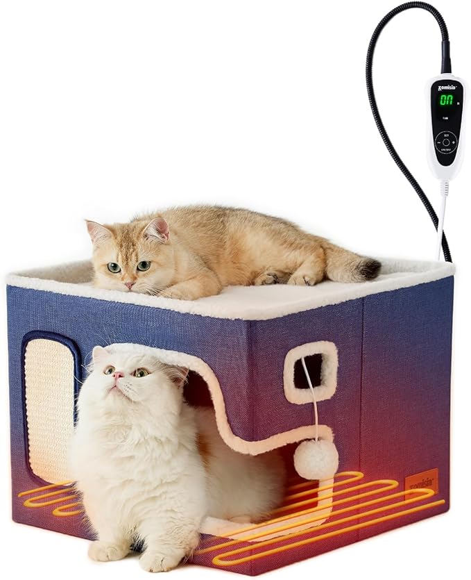 ZOMISIA Heated Cat House for Indoor Cats - Cat Warming Bed for Winter with Fluffy Ball Hanging and Adjustable Heating Pad, Foldable Cat Hideaway,16.5x16.5x13 inches, Navy Blue