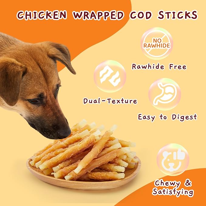 Jungle Calling Dog Treats, Rawhide Free Chicken Wrapped Cod Sticks, Easily Digestible Chewy Snacks for Training Rewards, 21.2 oz