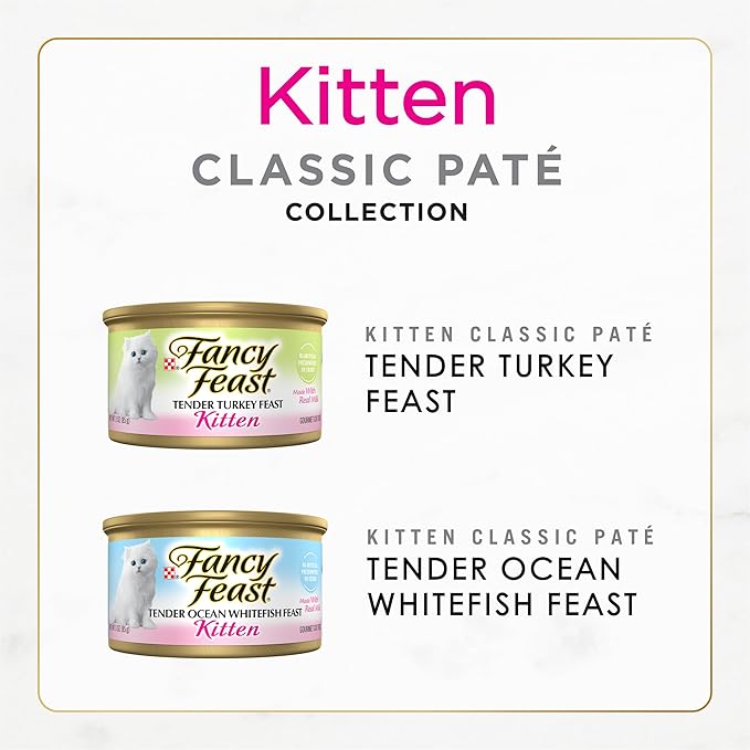Purina Fancy Feast Kitten Tender Ocean Whitefish Feast and Tender Turkey Feast Wet Kitten Food Variety Pack - (2 Packs of 12) 3 oz. Cans
