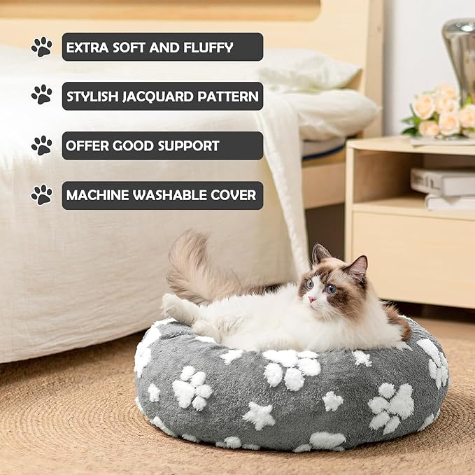 Yaning Donut Dog Beds for Medium Dogs, Calming Round Cat Beds for Indoor Cats, Cute 3D Textured Paw Pet Bed with Removable Washable Cover and Anti-Slip Bottom（Grey，30"）