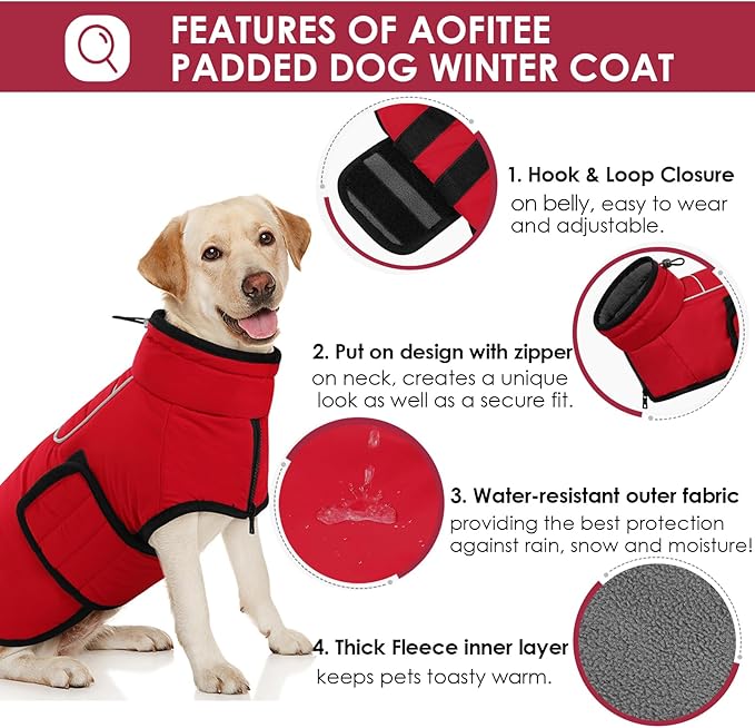 AOFITEE Large Dog Winter Coat, Waterproof Jacket with Harness Hole, Warm Fleece Puffer Jacket for Large Dogs, Reflective Windproof Snowsuit for Dogs, Dachshund, French Bulldog, L