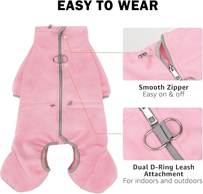 SCENEREAL Fleece Dog Winter Coat with Harness Built in, Soft Pajamas Warm Dog Sweater, Cold Weather Pet Jacket Jumpsuit Apparel Outfit for Large Dogs Walking Hiking Sleep, Pink L