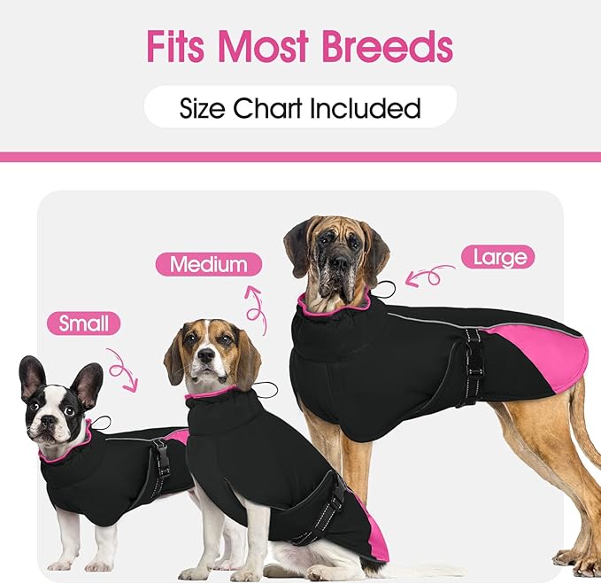 Dog Coat for Small to Large Dogs – Water Resistant Jacket with Soft Fleece Lining, Adjustable Fit and Reflective Trim Pink M
