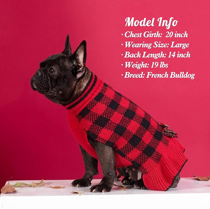 KYEESE Dog Christmas Sweater Dress with Bowtie Checkered, Turtleneck Dog Sweater for Small Dogs Girl with Leash Hole, Holiday Warm Pet Sweaters Dress, Red, Large