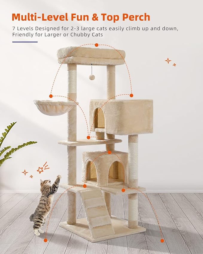MUTTROS Cat Tree for Large Cats with Super Large Top Perch,56.2" Multi-Level Tower for Indoor Cats with Hammock and Sleeping Bag, Cat Shelves with Scratching Posts and 2 Condos Houses, Beige