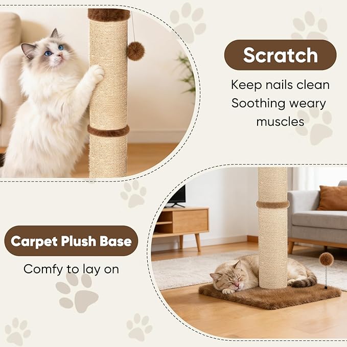 XiaZ Cat Scratching Post 34 Inches Tall, Cat Tower Scratcher Extra Wide 15.8" Stable Base with 4 Non-Slip Pads, 2 Interactive Toy Balls, Natural Sisal & Plush Fabric for Any Cats (Brown, 4.5in)