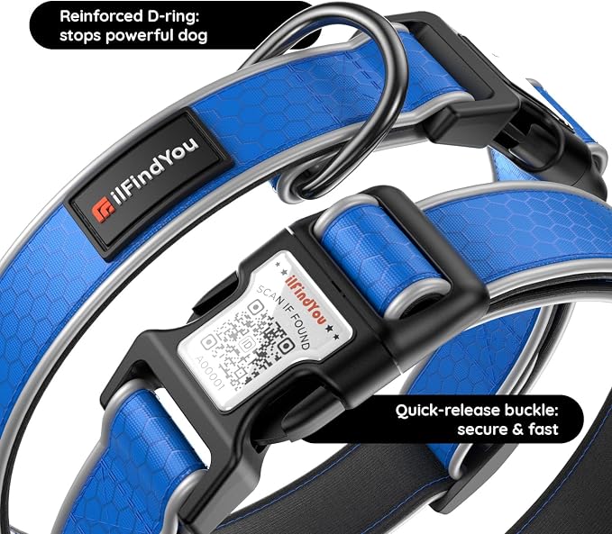 Personalized Dog Collar with QR Code Dog Tag, Oxford Blue S | Anti-lost, Oxford, reflective, padded, XS-L(8"-24"), QR buckle shares lost pet profile, location alerts when scanned, No Fees