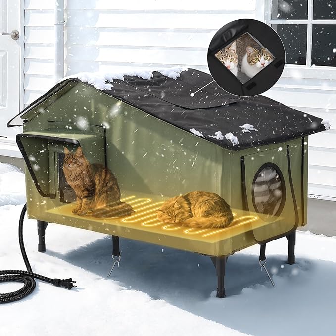 Heated Cat House for Outside Weatherproof in Winter, Large Insulated Feral Cat Shelter with Pet Heating Pad for Multi Kitten Puppy, UL Certified, Elevated Base with Chew-Resistant Cord(23"x18")