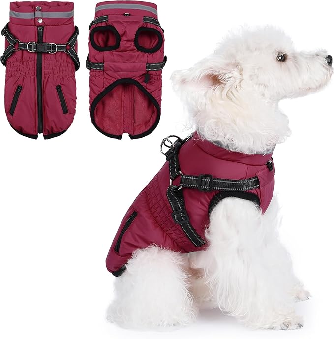 Gyuzh Dog Coat with Harness,Dog Coats for Small Dogs,Warm Fleece Winter Puppy Jacket,Waterproof Jacket with Harness Built in for Small Medium Large Dogs