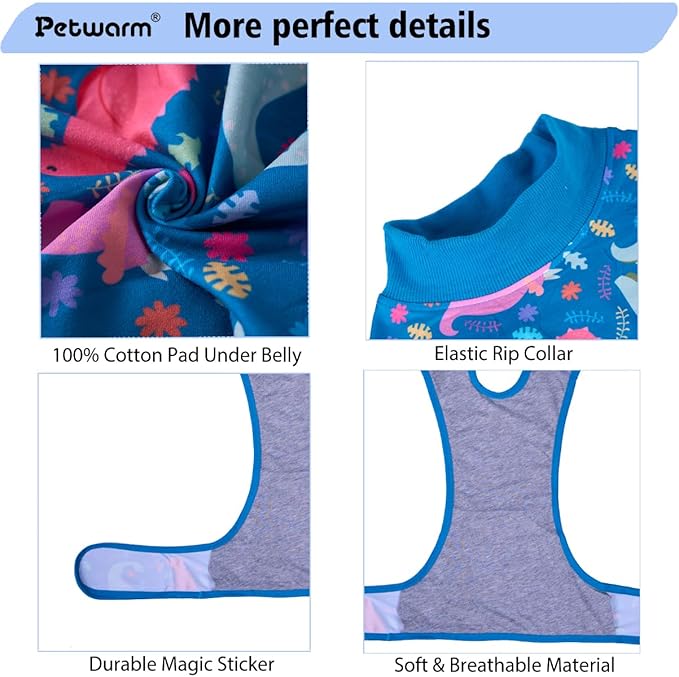 PetWarm Male Dog Recovery Suit, Dog Bodysuit, Substitute E-Collar and Cone, Pet Surgery Recovery Suit, Female Male Onesie for Dogs Spay Neuter, Dinosaur Pattern, Multi-Colored, M