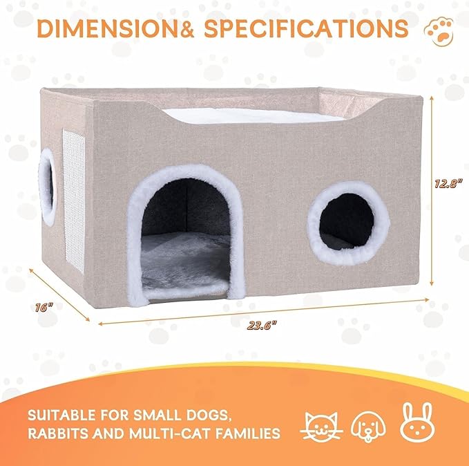 Gosipeya Cat House for Indoor Cats – Foldable Cat Cave & Covered Cat Bed, Cozy Hideaway for Small Pets and Large Cats (23.6"x16"x12.8"),Beige