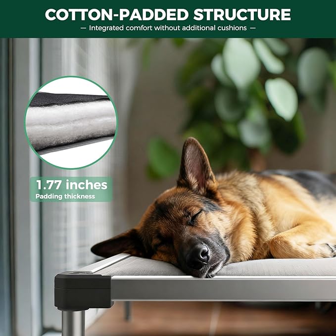 FXW TitanNest Chew-Proof Elevated Dog Bed, Raised Cot for Indoor/Outdoor/Camping Use, Durable & Washable Padded Pet Bed for Large Dogs, 47.0" L x 29.0" W x 7.3" H, Gray